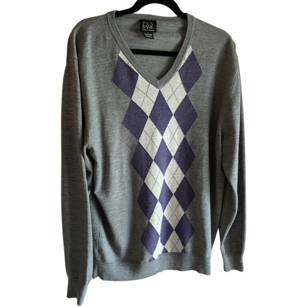 JOS.A BANK L Signature Collection Men's Grey White Purple Merino Wool Sweater